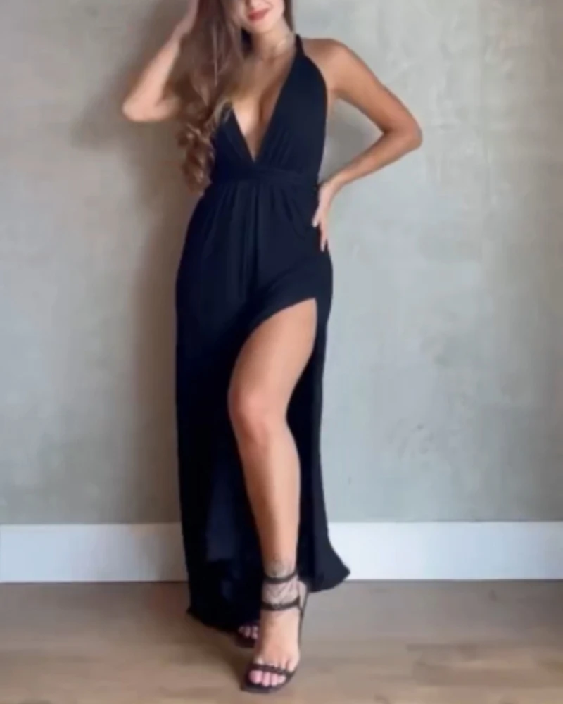 Women's Sexy Temperament Bodysuit 2025 Spring Summer Latest Plain Halter Hollow Out Waist Jumpsuit Sexy Slit Backless Romper
Women's Sexy Temperament Bodysuit 2025 Spring Summer Latest Plain Halter Hollow Out Waist Jumpsuit Sexy Slit Backless Romper