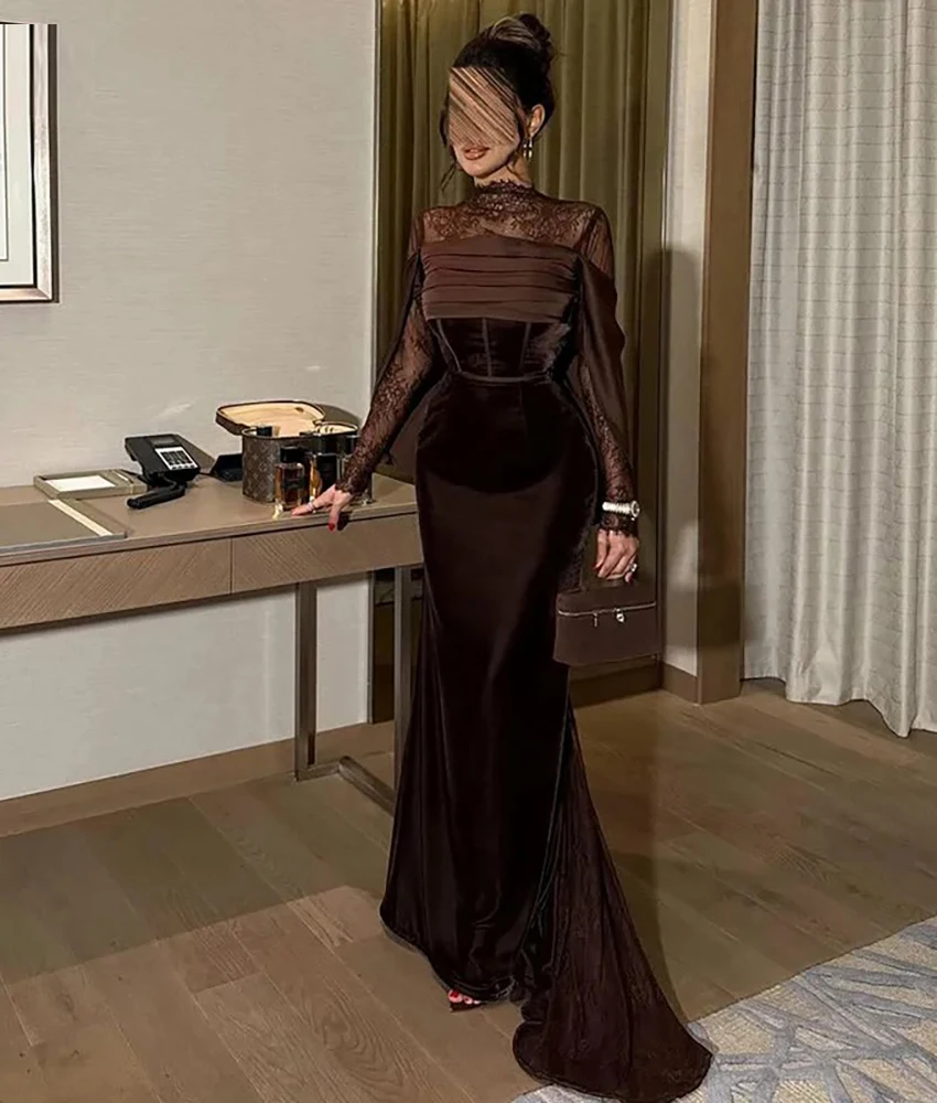 MCDV Customized Temperament Velvet Mermaid Lace Evening Dress Delicate High Collar Long Sleeves Floor Length Party Gowns
MCDV Customized Temperament Velvet Mermaid Lace Evening Dress Delicate High Collar Long Sleeves Floor Length Party Gowns