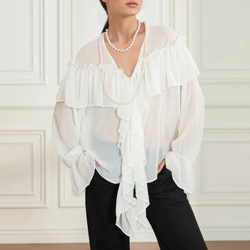 GuliriFei Women Long Sleeve Shirts Solid Color Ruffles V-Neck Chiffon Blouses Spring Summer Loose Casual Tops Streetwear
GuliriFei Women Long Sleeve Shirts Solid Color Ruffles V-Neck Chiffon Blouses Spring Summer Loose Casual Tops Streetwear
