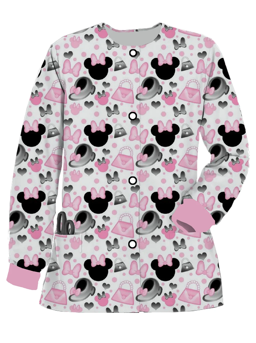 Spring and summer women's new Disney Minnie print pocket jacket long-sleeved top frosted nurse uniform for men and women
Spring and summer women's new Disney Minnie print pocket jacket long-sleeved top frosted nurse uniform for men and women