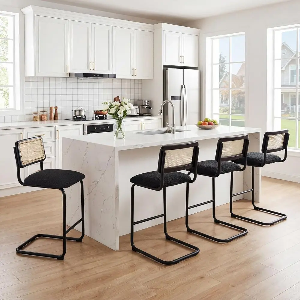Set of 4 Modern Rattan Bar Stools with Upholstered Counter Height and Metal Base, Black Boucle
Set of 4 Modern Rattan Bar Stools with Upholstered Counter Height and Metal Base, Black Boucle