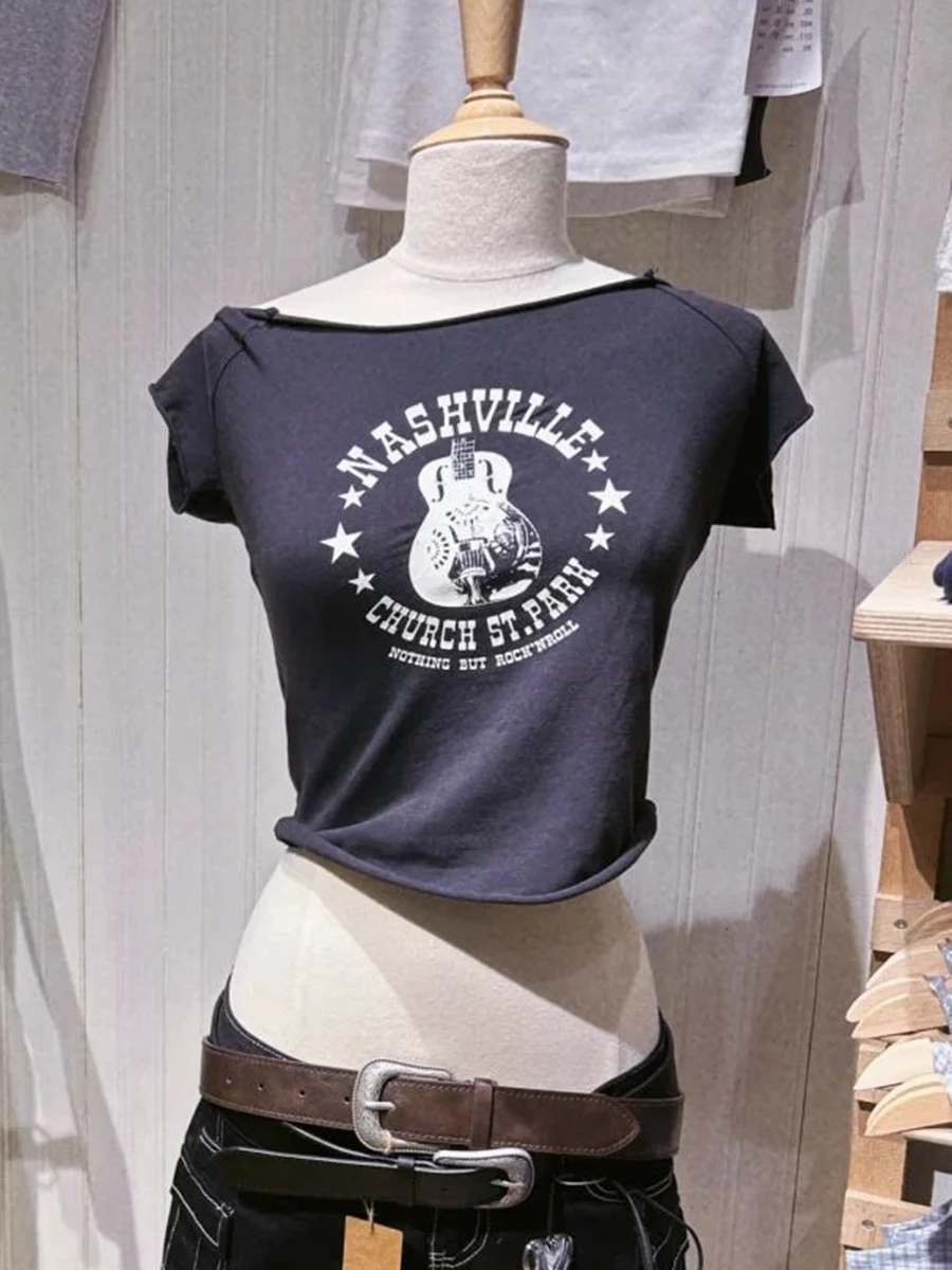 Guitar Print Raw Trim Slim Crop Top Women Summer Sexy Slash Neck Cotton Short Sleeve Tees Vintage Streetwear Corpped T-shirt Y2k
Guitar Print Raw Trim Slim Crop Top Women Summer Sexy Slash Neck Cotton Short Sleeve Tees Vintage Streetwear Corpped T-shirt Y2k
