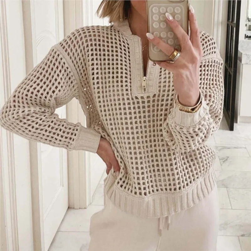 Casual Knit Hollow Out Sweater Women V-neck Zipper Full Sleeve See Through Sweaters 2025 Autumn Lady Chic Solid Top
Casual Knit Hollow Out Sweater Women V-neck Zipper Full Sleeve See Through Sweaters 2025 Autumn Lady Chic Solid Top