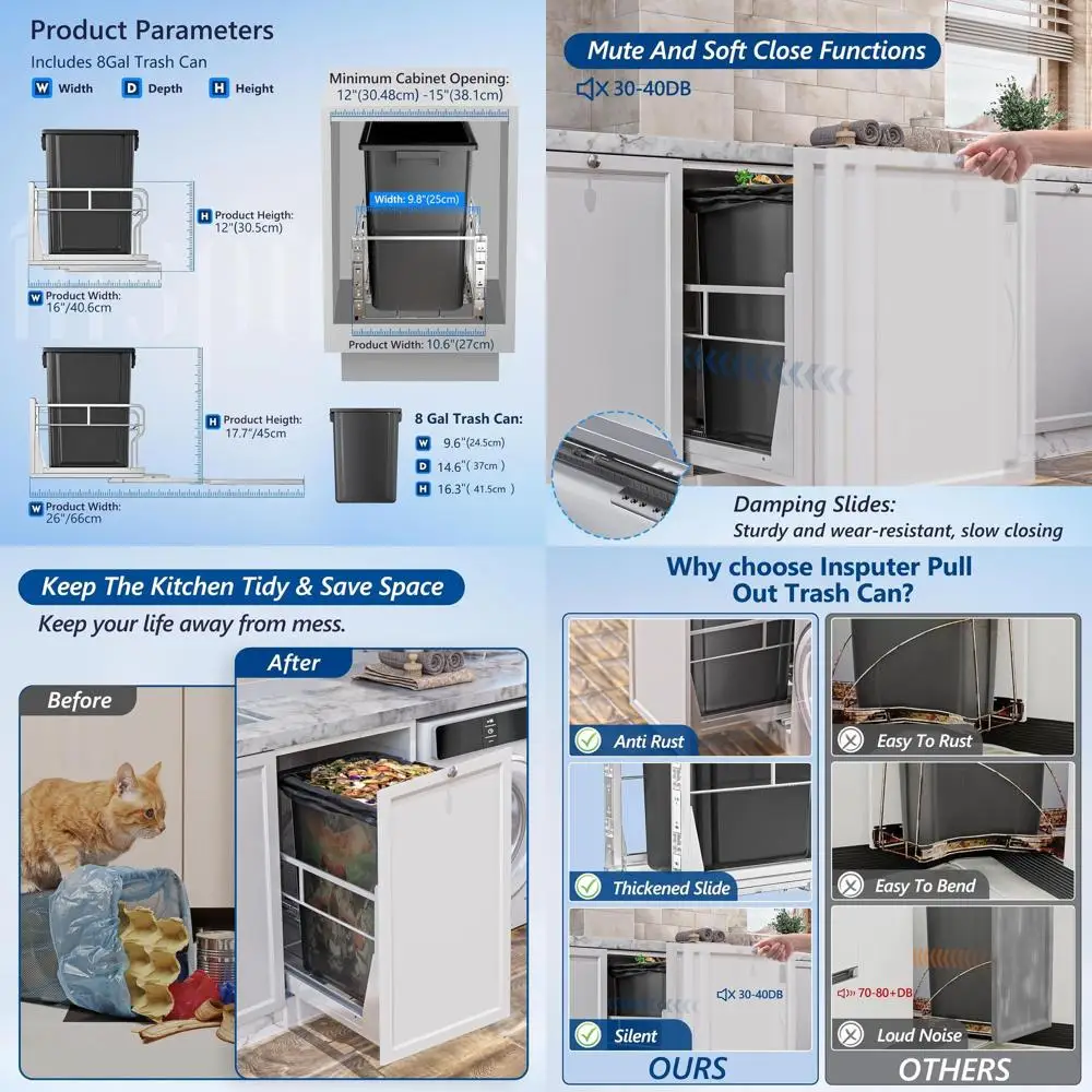 Heavy Duty 8 Gallon Pull-Out Trash Bin for Kitchen or Laundry, Requires 12W x 18D Cabinet Space
Heavy Duty 8 Gallon Pull-Out Trash Bin for Kitchen or Laundry, Requires 12W x 18D Cabinet Space