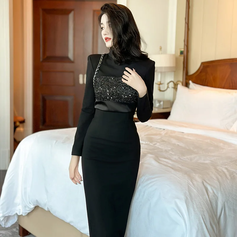 French Turtleneck Solid Black Dress Sequins High Waist Chic and Elegant Woman Dress Autumn and Winter New Dresses for Women 2023
French Turtleneck Solid Black Dress Sequins High Waist Chic and Elegant Woman Dress Autumn and Winter New Dresses for Women 2023