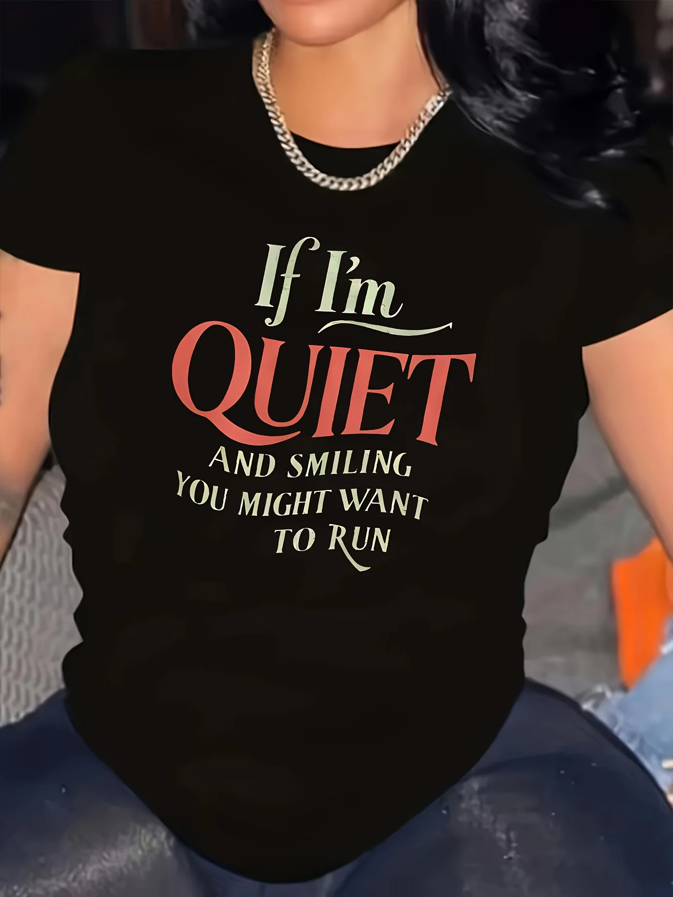 Plus - Size Black Round Neck T - Shirt with Sassy and Mysterious Quote: Intriguing and Bold
Plus - Size Black Round Neck T - Shirt with Sassy and Mysterious Quote: Intriguing and Bold