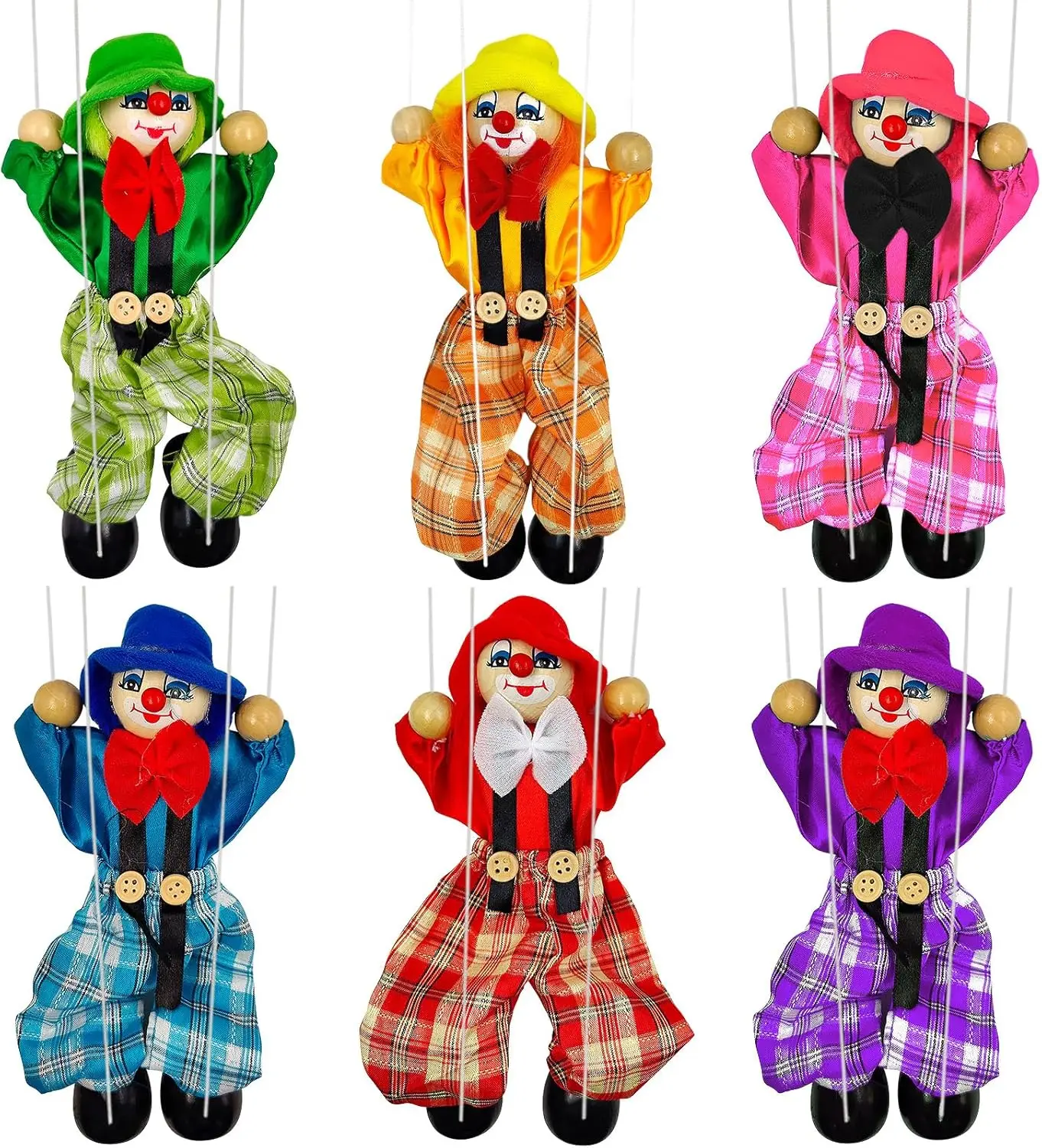 6-Pack Wooden Clown Marionette Puppets with Movable Hands and Feet for Family Pretend Play
6-Pack Wooden Clown Marionette Puppets with Movable Hands and Feet for Family Pretend Play