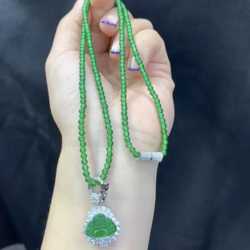 Natural Jadeite A Small Bead Necklace with S925 Silver Laughing Buddha Pendant
Natural Jadeite A Small Bead Necklace with S925 Silver Laughing Buddha Pendant