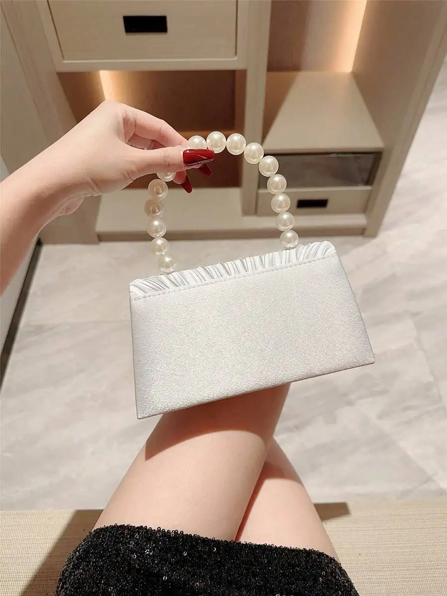 Elegant Pleated Satin Clutch With Faux Pearl Handle For Women Evening Party
Elegant Pleated Satin Clutch With Faux Pearl Handle For Women Evening Party