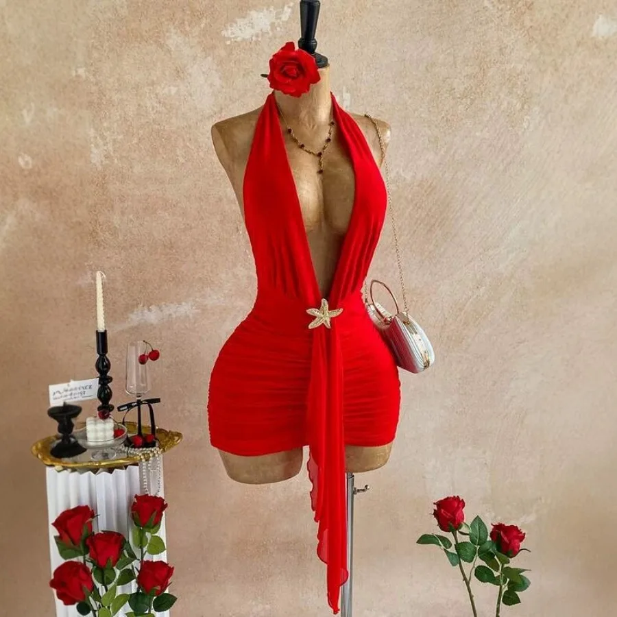 【New style】Pure desire deep V-hanging neck dress, starfish decorative streamers pleated tight bag, hip red short dress
【New style】Pure desire deep V-hanging neck dress, starfish decorative streamers pleated tight bag, hip red short dress