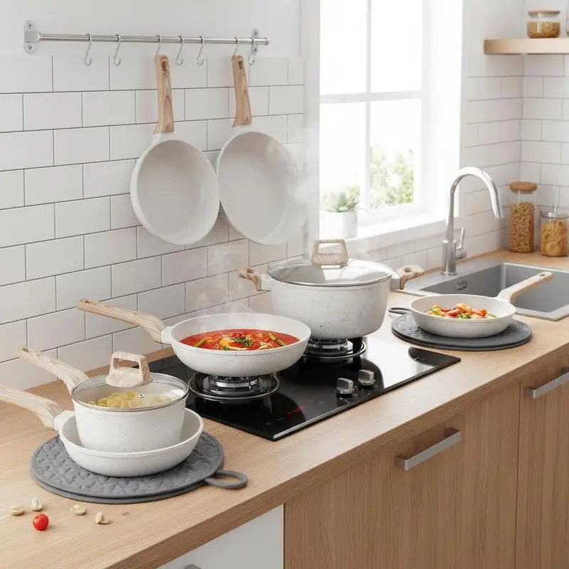 17 Piece Pots and Pans Set, Granite Nonstick Cookware Set, Induction Cookwares, Kitchen RV Cooking Sets with Frying, Sauce, Saute, Tempered Glass Lids, and Pan Protectors, White
17 Piece Pots and Pans Set, Granite Nonstick Cookware Set, Induction Cookwares, Kitchen RV Cooking Sets with Frying, Sauce, Saute, Tempered Glass Lids, and Pan Protectors, White