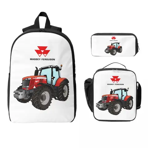 Mochila para tractor Massey Ferguson, mochila roja para tractor, mochila escolar, bolsos de hombro para ordenador portátil, bolsa para el almuerzo con aislamiento de 3 piezas, estuche para lápices