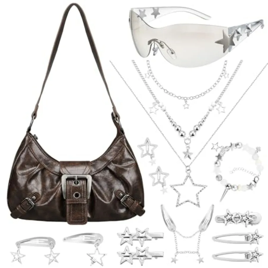 Y2K Purse, Shoulder Bag with Accessories Set, Faux Leather Purse with Silver Star Necklaces, Bracelets, Hair Clips, Retro Sungl
Y2K Purse, Shoulder Bag with Accessories Set, Faux Leather Purse with Silver Star Necklaces, Bracelets, Hair Clips, Retro Sungl