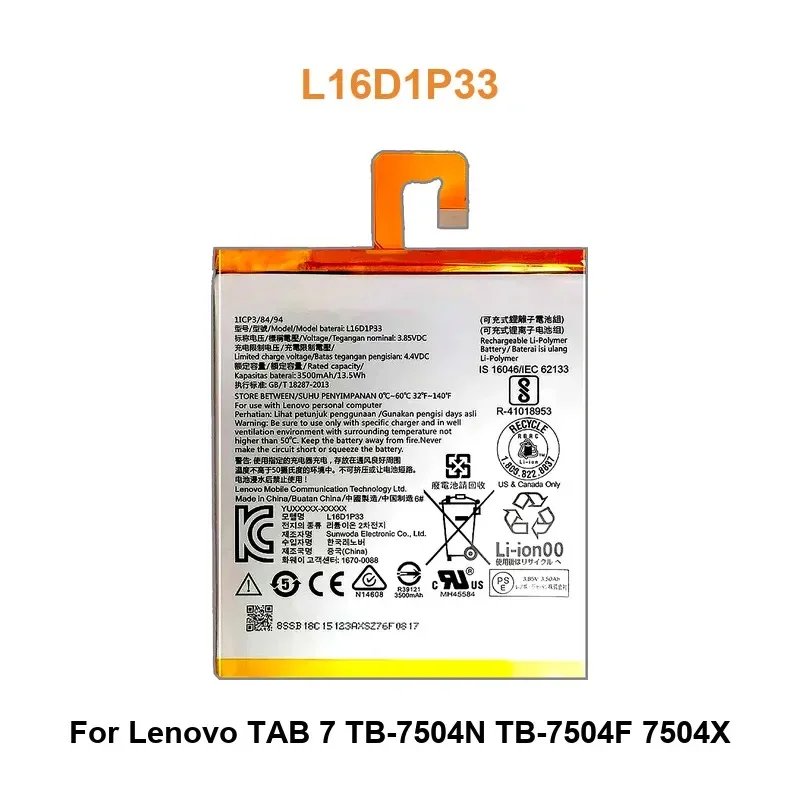 Tablet Battery For Lenovo TAB 7 TB-7504N TB-7504F 7504X L16D1P33 3500mAh Real Capacity
Tablet Battery For Lenovo TAB 7 TB-7504N TB-7504F 7504X L16D1P33 3500mAh Real Capacity