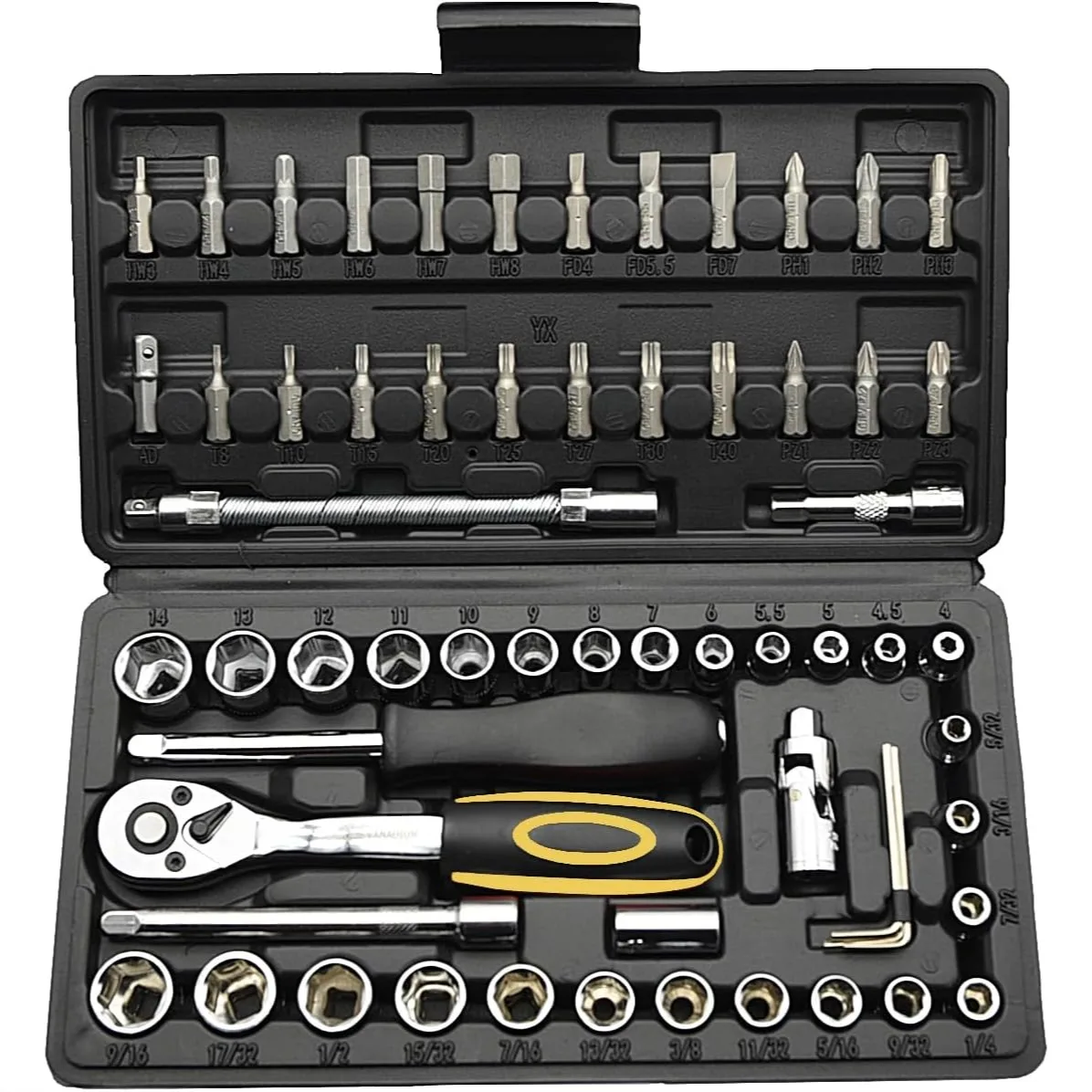 62PCS 1/4" Ratcheting Wrench Set with SAE & Metric Sizes, Ideal for Home, Car, and Motorcycle Repairs
62PCS 1/4" Ratcheting Wrench Set with SAE & Metric Sizes, Ideal for Home, Car, and Motorcycle Repairs
