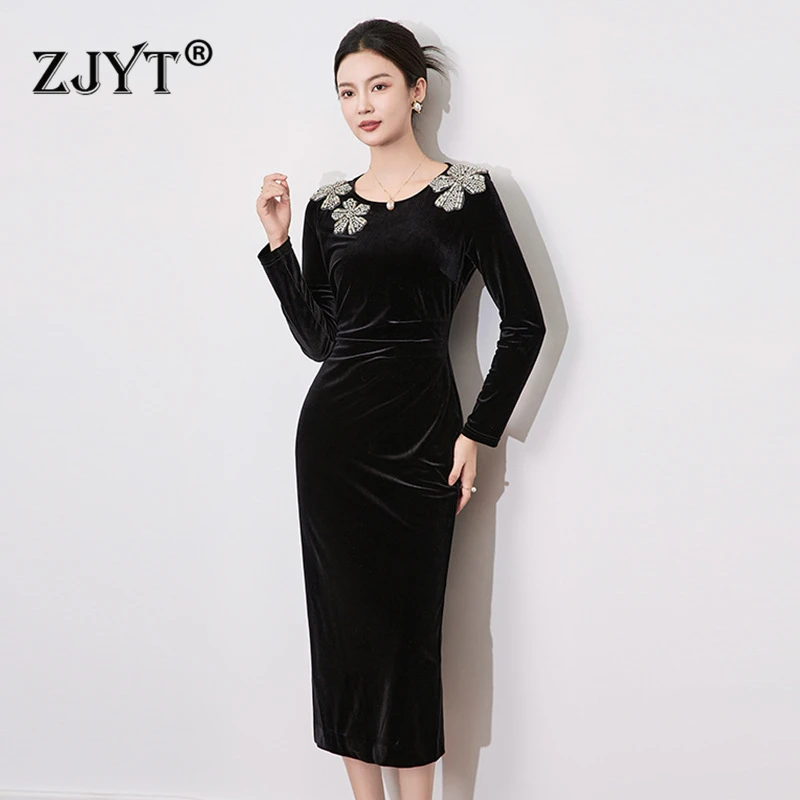 ZJYT Elegant Women's Diamonds Midi Velvet Dresses Black Long Sleeve Luxury Evening Party Dress Spring 2025 Fashion Vestidos Lady
ZJYT Elegant Women's Diamonds Midi Velvet Dresses Black Long Sleeve Luxury Evening Party Dress Spring 2025 Fashion Vestidos Lady
