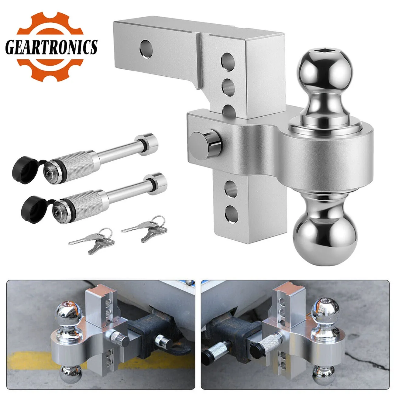GEARTRONICS Universal Adjustable Trailer Hitch Towing Ball Mounts, Fits 2-Inch Receiver, 6" Drop/ Rise Drop, Dual Ball, 18500LB
GEARTRONICS Universal Adjustable Trailer Hitch Towing Ball Mounts, Fits 2-Inch Receiver, 6" Drop/ Rise Drop, Dual Ball, 18500LB