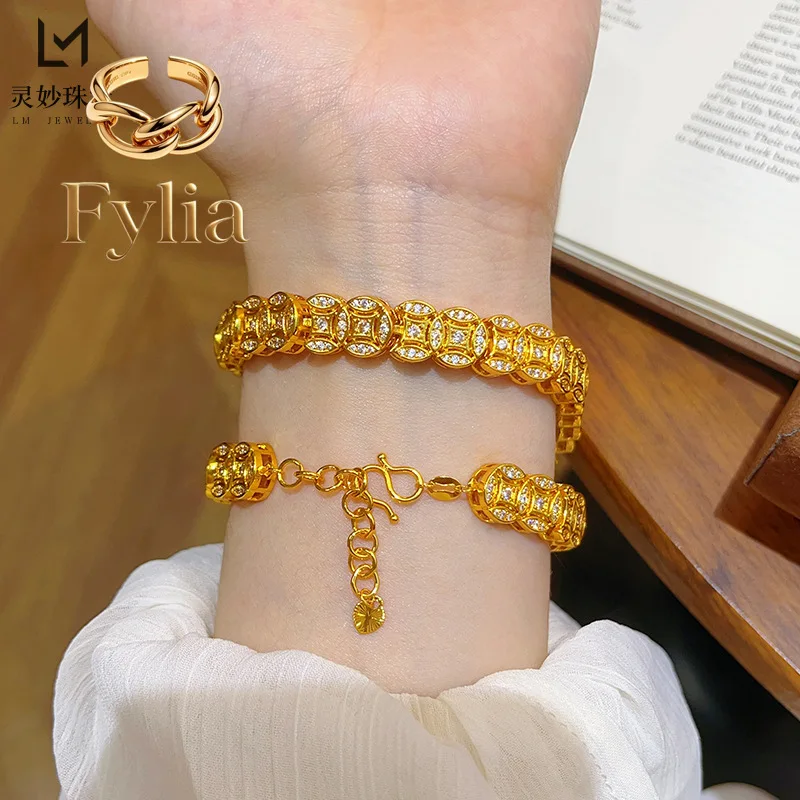 Fylia Jewelry 9999 24K real gold full diamond eight-way copper coin bracelet hollow five emperors coins and many bracelets lig
Fylia Jewelry 9999 24K real gold full diamond eight-way copper coin bracelet hollow five emperors coins and many bracelets lig