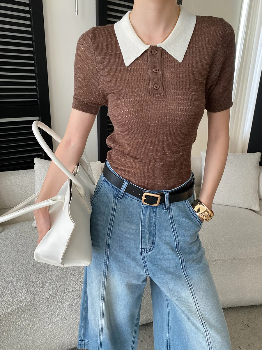 Summer women's casual village color lapel slim fit short sleeved sweater
Summer women's casual village color lapel slim fit short sleeved sweater