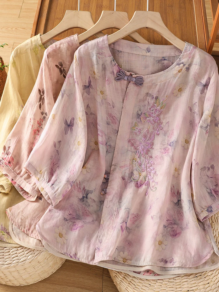 New Chinese Style Summer Flax Embroidered Print Loose round Neck Side Button round Neck Versatile Tea Costume Top Women
New Chinese Style Summer Flax Embroidered Print Loose round Neck Side Button round Neck Versatile Tea Costume Top Women