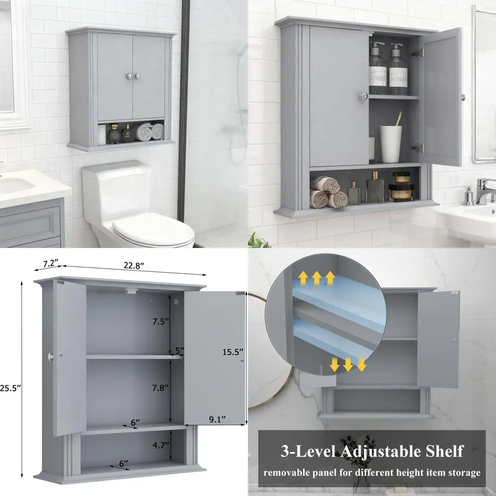 Светло-серый деревянный настенный шкаф с 2 дверцами и регулируемой полкой, для хранения над унитазом в ванной, на кухне, в прачечной
Светло-серый деревянный настенный шкаф с 2 дверцами и регулируемой полкой, для хранения над унитазом в ванной, на кухне, в прачечной