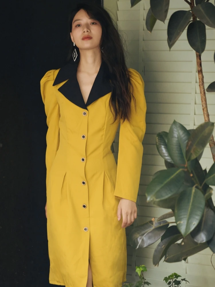 Nanjun High Waist Yellow Bubble Sleeve Single Button Elegant Lady Dress Retro Hong Kong Style mid Length A-Line Dress
Nanjun High Waist Yellow Bubble Sleeve Single Button Elegant Lady Dress Retro Hong Kong Style mid Length A-Line Dress