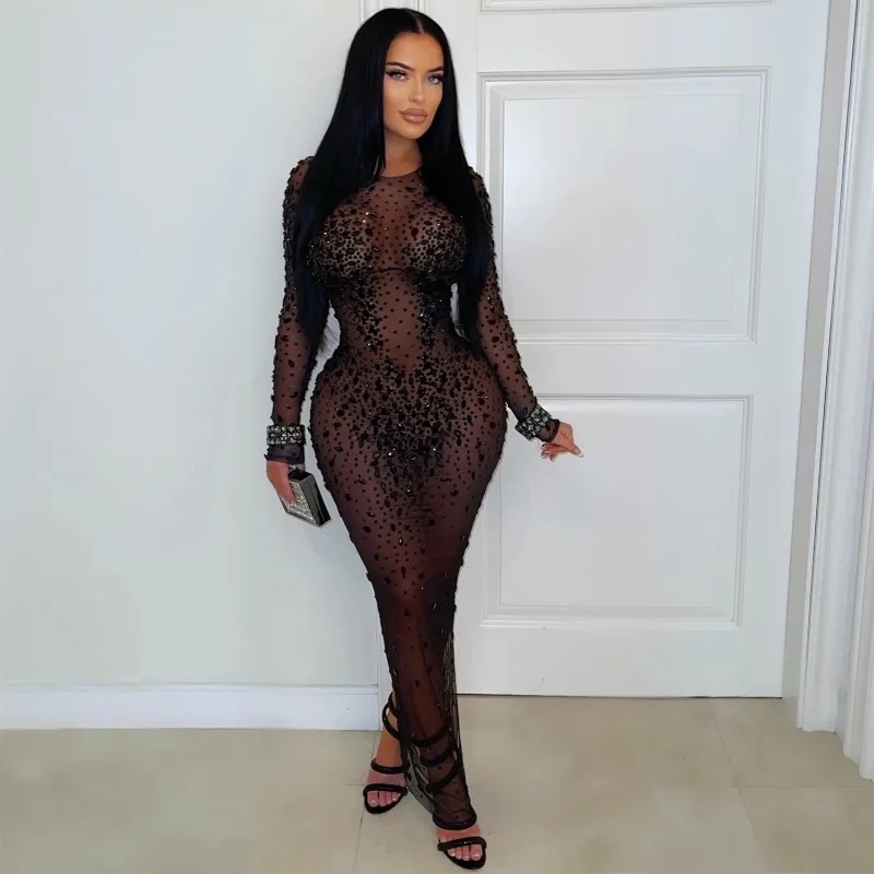 Прозрачное сетчатое черное платье макси с стразами и бриллиантами, облегающее, для вечеринок, женское, сексуальное, с круглым вырезом, длинными рукавами, разрезом сзади, клубная одежда, длинное платье-роба
Прозрачное сетчатое черное платье макси с стразами и бриллиантами, облегающее, для вечеринок, женское, сексуальное, с круглым вырезом, длинными рукавами, разрезом сзади, клубная одежда, длинное платье-роба