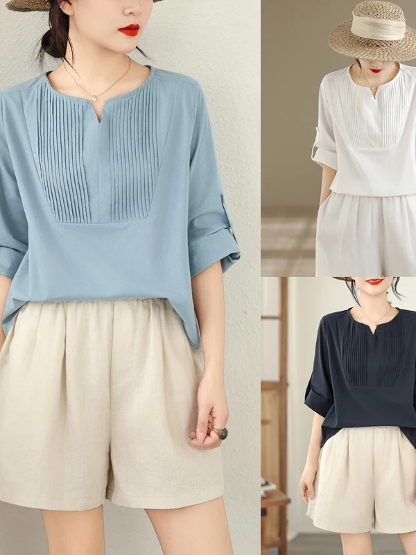 Linen Short Sleeve Shirt Women's Loose Fit Summer Slimming Breathable Top Korean Artistic Style Pure Color Five Sleeve Shirt
Linen Short Sleeve Shirt Women's Loose Fit Summer Slimming Breathable Top Korean Artistic Style Pure Color Five Sleeve Shirt