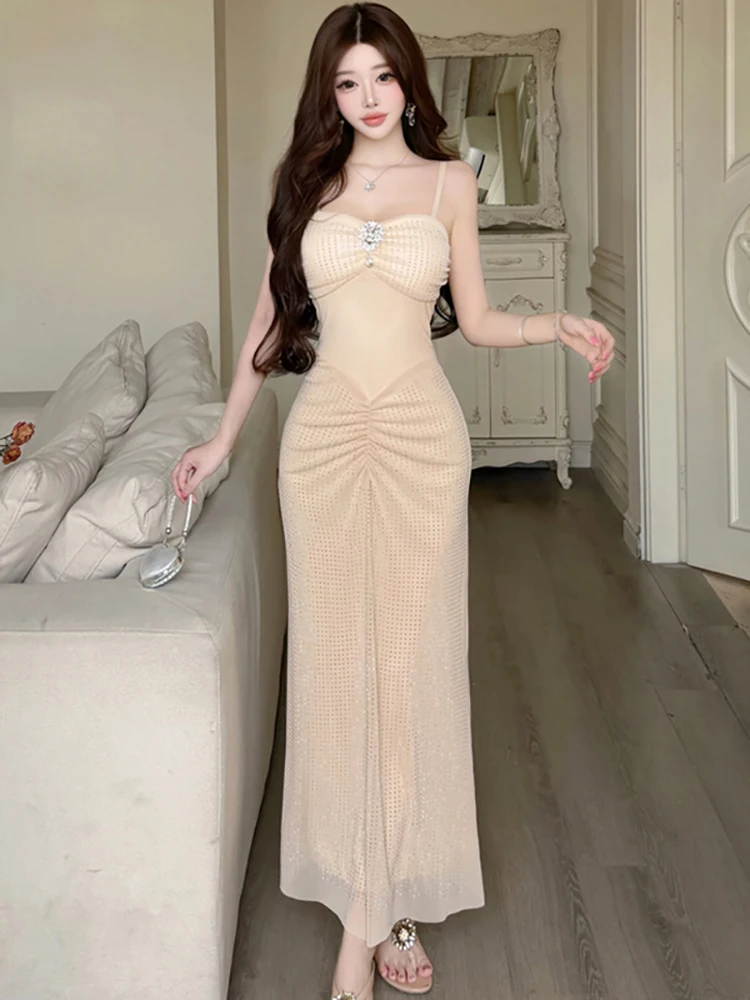 2026 Solid Mesh Diamonds Chic Sling Sexy Long Dress Women Korean Vintage Luxury Dance Party Dress Summer Elegant Bodycon Dresses
2026 Solid Mesh Diamonds Chic Sling Sexy Long Dress Women Korean Vintage Luxury Dance Party Dress Summer Elegant Bodycon Dresses
