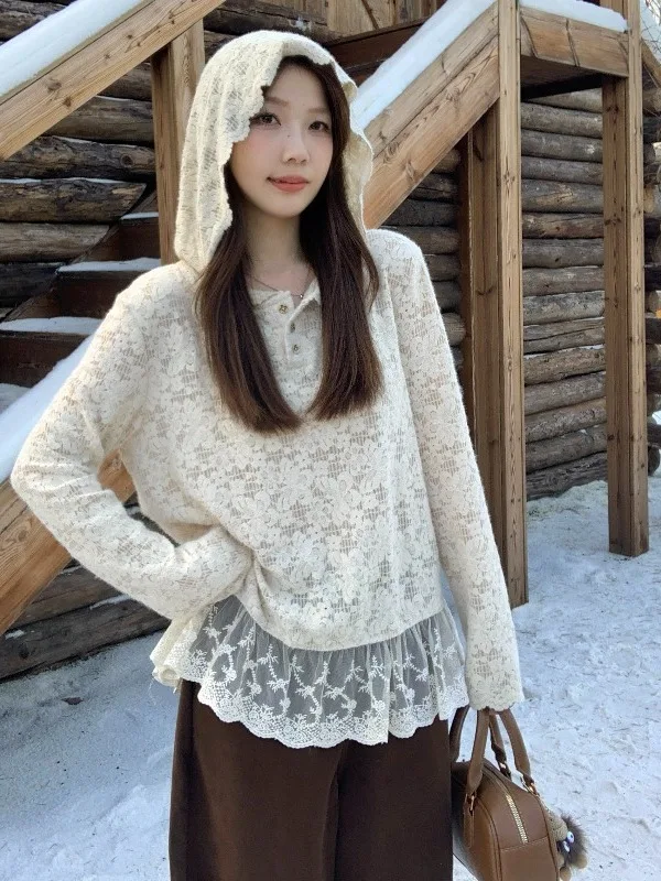 Chic Lace Shirt Women's Shoulder Length Hoodie Maxi Skirt Fake Two-Piece Top Korean Style Loose Fit Long Sleeve Daily Wear
Chic Lace Shirt Women's Shoulder Length Hoodie Maxi Skirt Fake Two-Piece Top Korean Style Loose Fit Long Sleeve Daily Wear