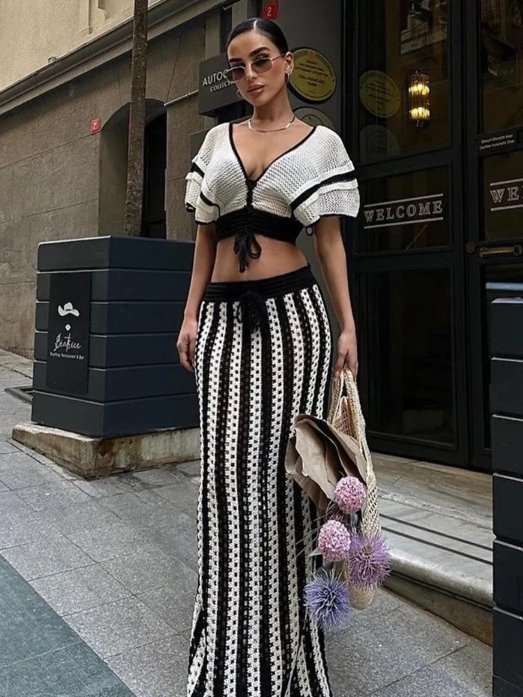Elegant Striped Knit Skirts Sets Women Sexy Hollow Out Holidays Party Outfits Summer Bohemia Maxi Skirts Two Piece Sets 2024
Elegant Striped Knit Skirts Sets Women Sexy Hollow Out Holidays Party Outfits Summer Bohemia Maxi Skirts Two Piece Sets 2024
