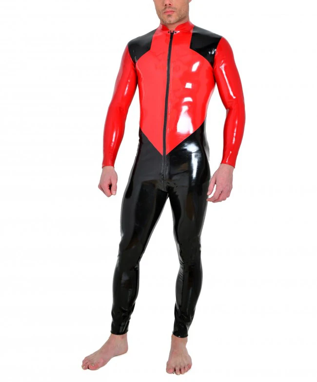 Men Latex Catsuit Patchwork Color Black and Red Rubber Bodysuit Clothing Front Crotch Zipper
Men Latex Catsuit Patchwork Color Black and Red Rubber Bodysuit Clothing Front Crotch Zipper