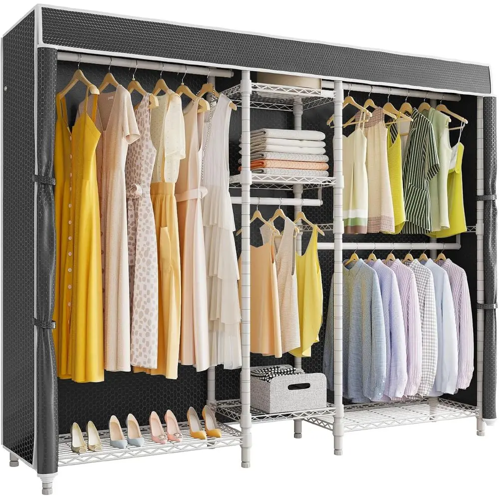 5-Tier Heavy-Duty Covered Garment Rack, Large White Metal Wardrobe, Black Cover, 70.1L x 17.3W x 76.4H, Max Load 870 LBS
5-Tier Heavy-Duty Covered Garment Rack, Large White Metal Wardrobe, Black Cover, 70.1L x 17.3W x 76.4H, Max Load 870 LBS