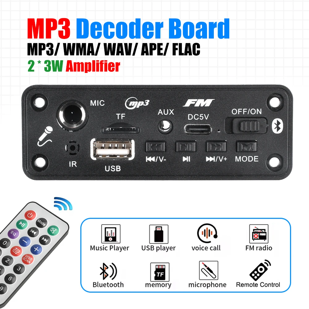 Mp3-усилитель Bluetooth, Плата декодера 2*3 Вт с микрофоном, разъем для микрофона, Bluetooth 5,3, без потерь, U-диск, TF-карта, AUX-плеер
Mp3-усилитель Bluetooth, Плата декодера 2*3 Вт с микрофоном, разъем для микрофона, Bluetooth 5,3, без потерь, U-диск, TF-карта, AUX-плеер
