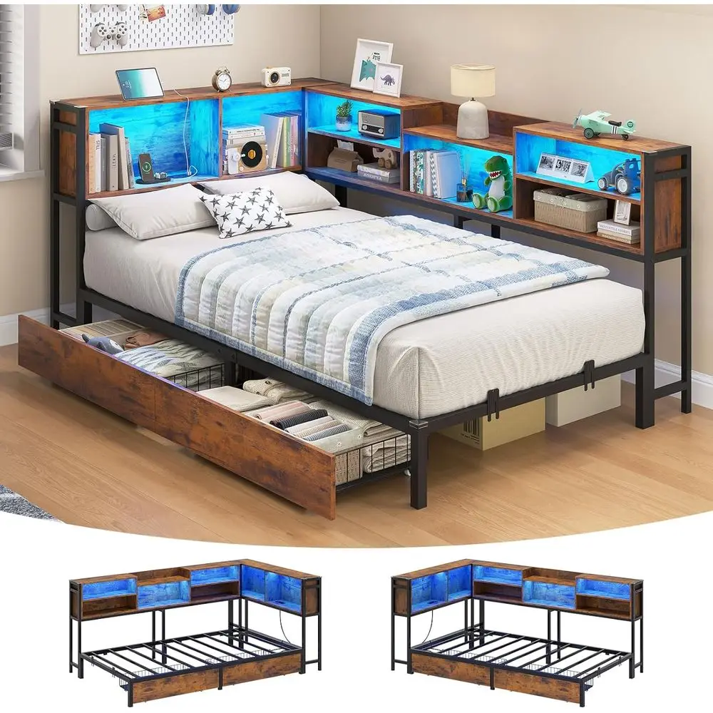 Twin Bed with 2 Drawers, Storage Bookcase, Daybed with Charging & LED Lights, Metal Platform Bed for Kids & Teens, Rustic Style
Twin Bed with 2 Drawers, Storage Bookcase, Daybed with Charging & LED Lights, Metal Platform Bed for Kids & Teens, Rustic Style