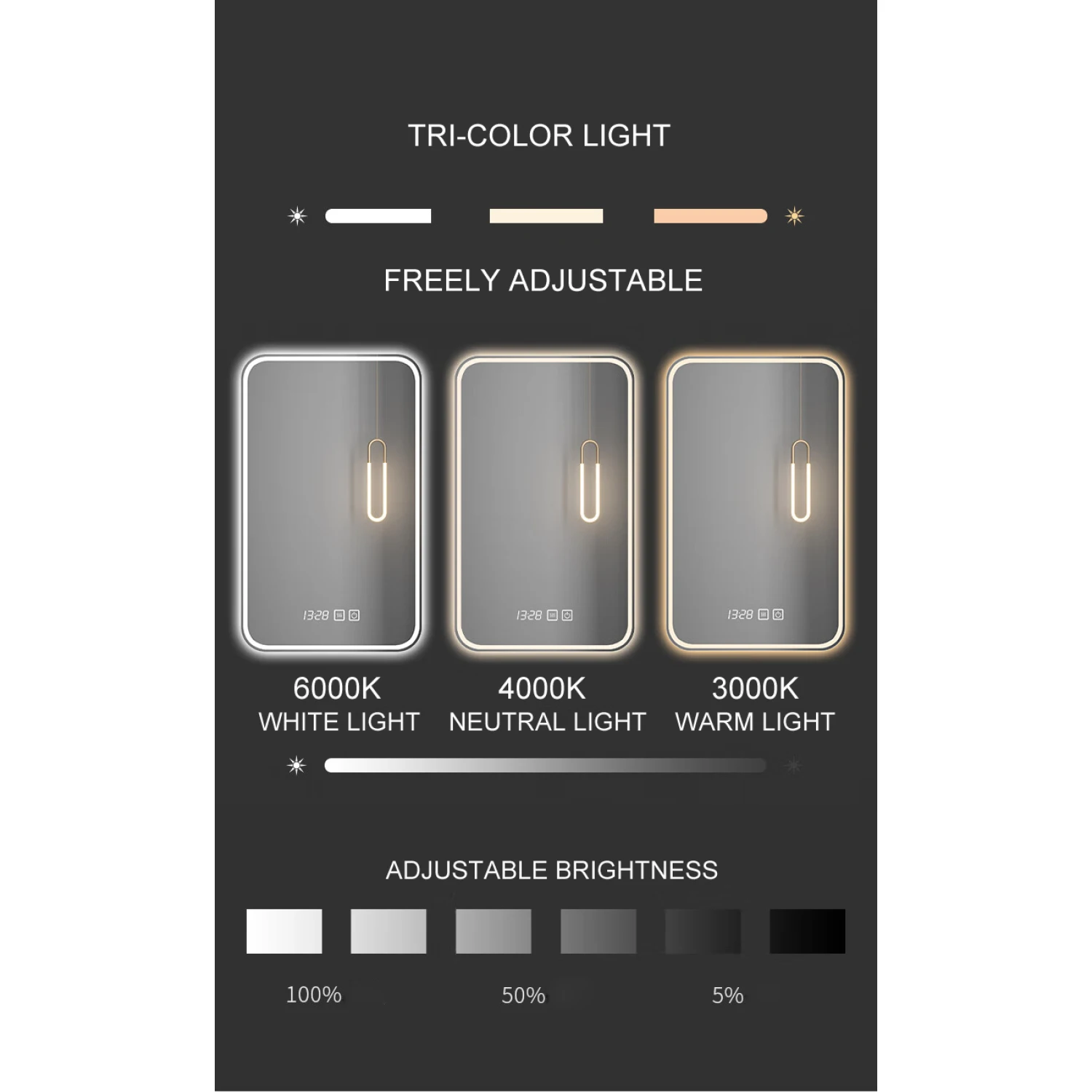 20x28 Inch LED Vanity Smart Mirror with Time & Temperature Display, Defogging, Gradient 3-Color Lighting
20x28 Inch LED Vanity Smart Mirror with Time & Temperature Display, Defogging, Gradient 3-Color Lighting
