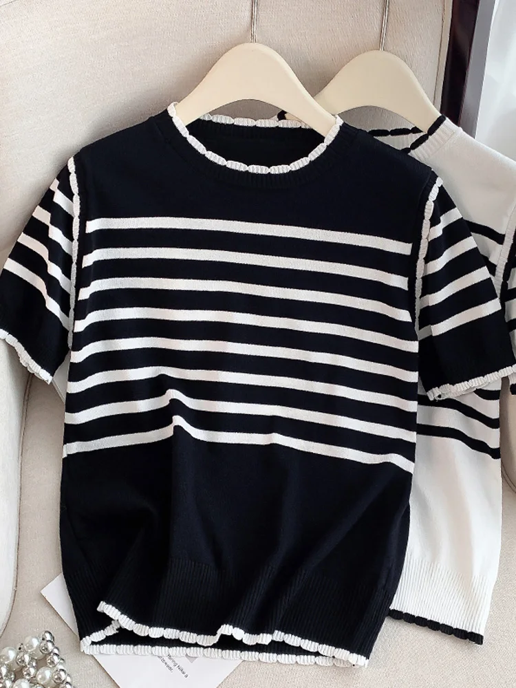 2023 Summer Stripe Short Sleeve Knitted Sweater Women Pullovers Korean O Neck Ice Silk Oversized Knitwear Tops Femme Jumper
2023 Summer Stripe Short Sleeve Knitted Sweater Women Pullovers Korean O Neck Ice Silk Oversized Knitwear Tops Femme Jumper
