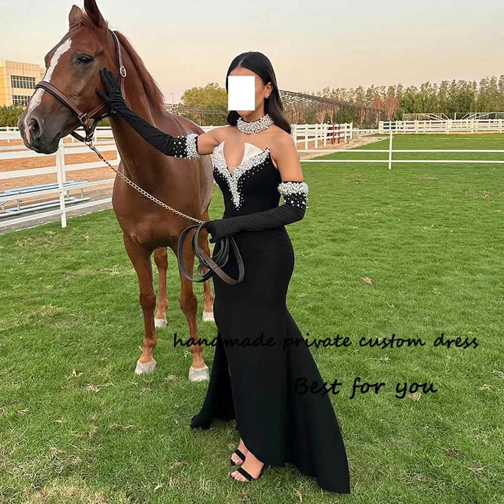 Black Mermaid Evening Dresses for Womens Beaded Pearls Sweetheart Satin Prom Party Dress with Slit Arabian Formal Evening Gowns
Black Mermaid Evening Dresses for Womens Beaded Pearls Sweetheart Satin Prom Party Dress with Slit Arabian Formal Evening Gowns