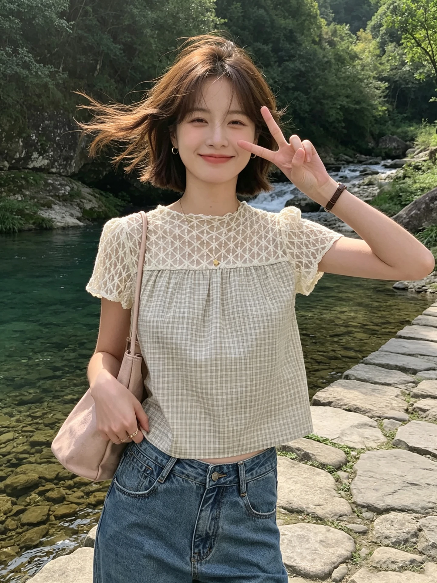 Korean Style Sweet Lace Splicing Plaid Hollow out Shirt Women's Summer New Fashion round Neck Short Top Casual Loose Fit
Korean Style Sweet Lace Splicing Plaid Hollow out Shirt Women's Summer New Fashion round Neck Short Top Casual Loose Fit