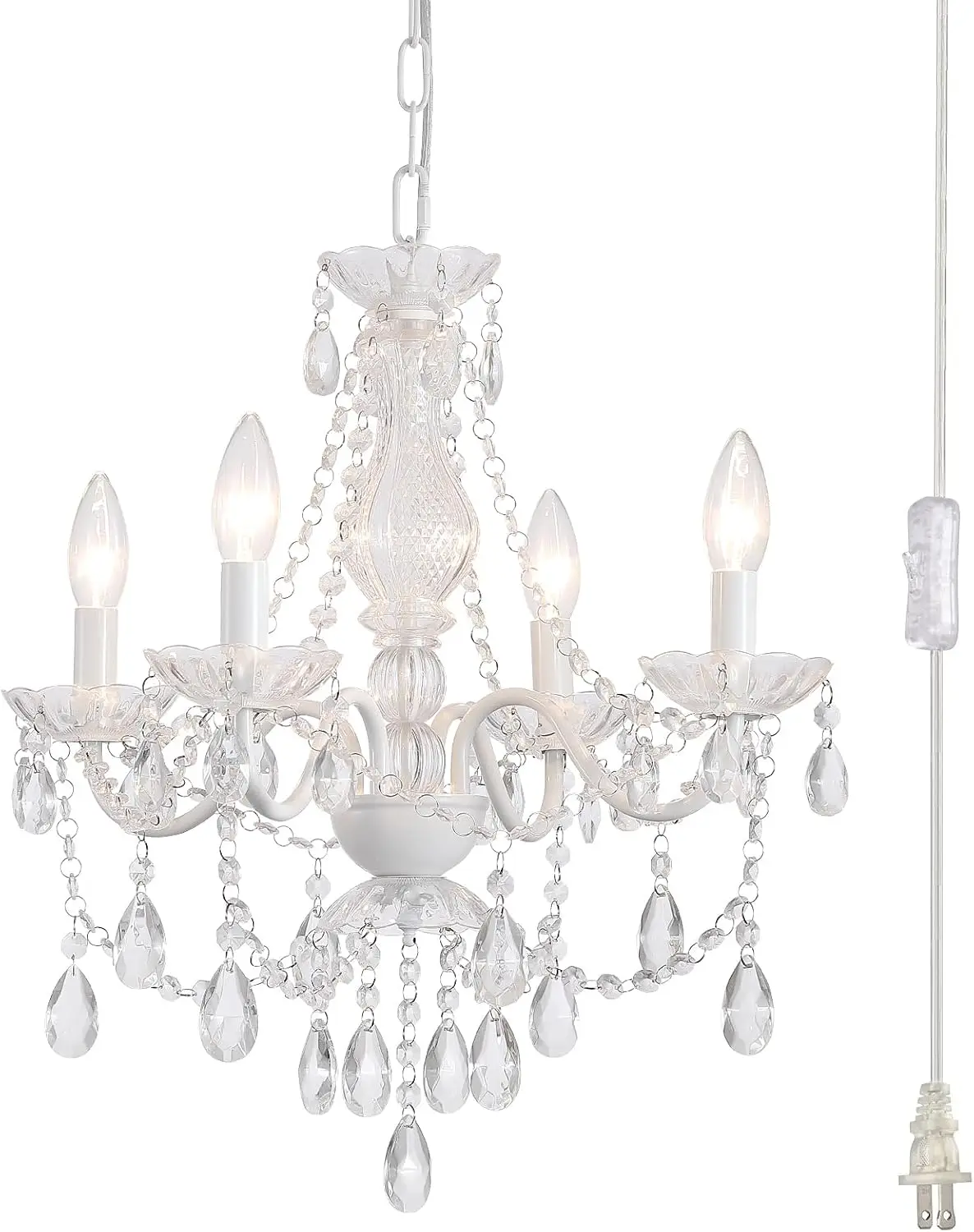 Plug in Crystal Ceramic White Chandelier, Glass Chandeliers,White crystal Hanging Pendant Light with Clear Cord and On/Off, 4 Li
Plug in Crystal Ceramic White Chandelier, Glass Chandeliers,White crystal Hanging Pendant Light with Clear Cord and On/Off, 4 Li