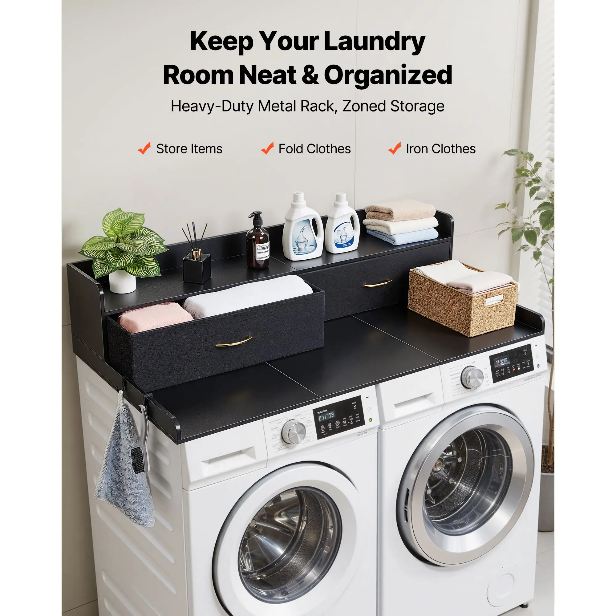 Washer Dryer Countertop with Shelf, 54 x 27.5 in Wooden Washer and Dryer Topper with 2 Drawers & 2 Hooks, Laundry Machine Topper for Laundry Closet Pantry Counter Organization and Storage, Black
Washer Dryer Countertop with Shelf, 54 x 27.5 in Wooden Washer and Dryer Topper with 2 Drawers & 2 Hooks, Laundry Machine Topper for Laundry Closet Pantry Counter Organization and Storage, Black