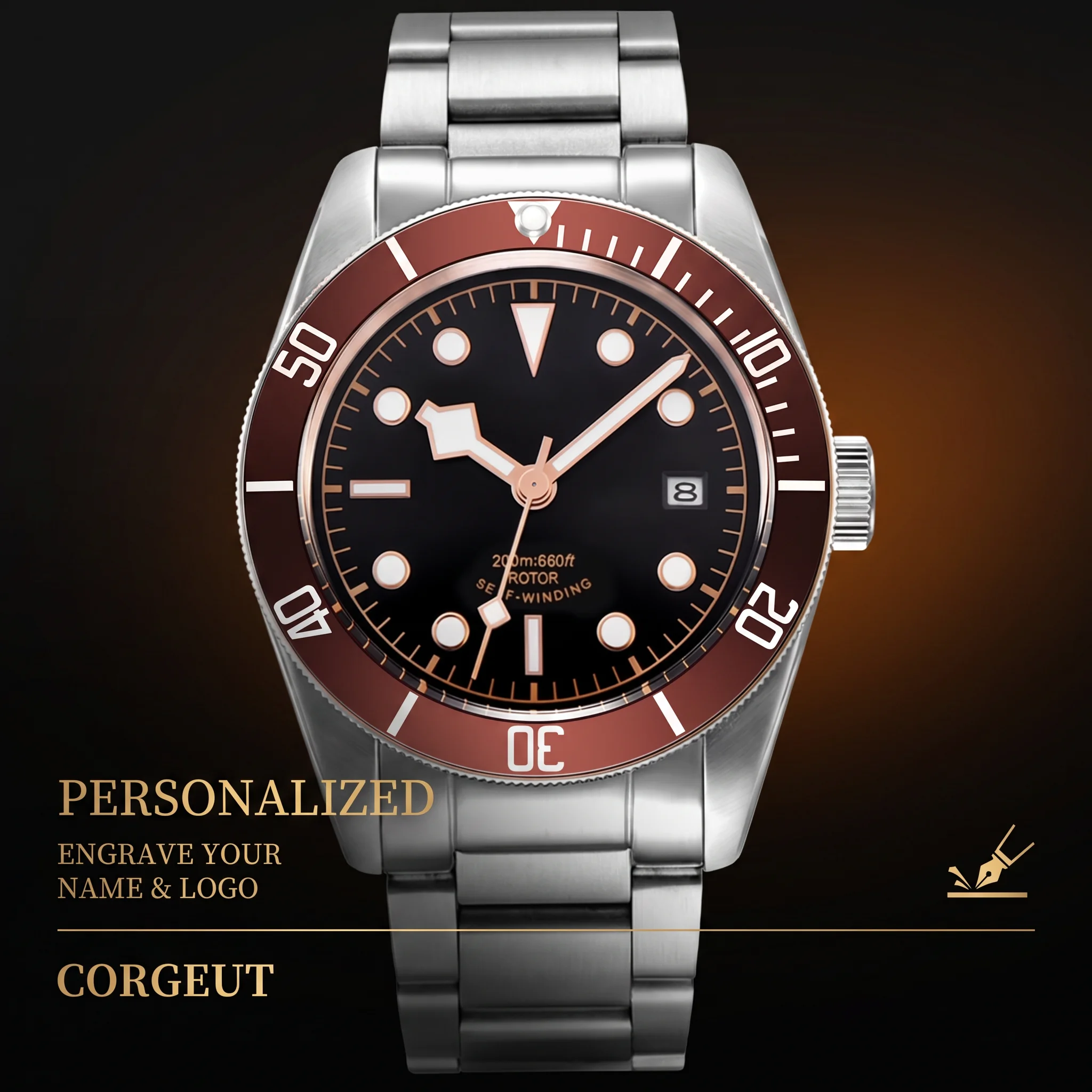 41MM Custom Name NH35A / Miyota 8215 Personalized Men's Automatic Watch Black Dial · Sapphire Crystal · 20ATM · Name & Logo E
41MM Custom Name NH35A / Miyota 8215 Personalized Men's Automatic Watch Black Dial · Sapphire Crystal · 20ATM · Name & Logo E