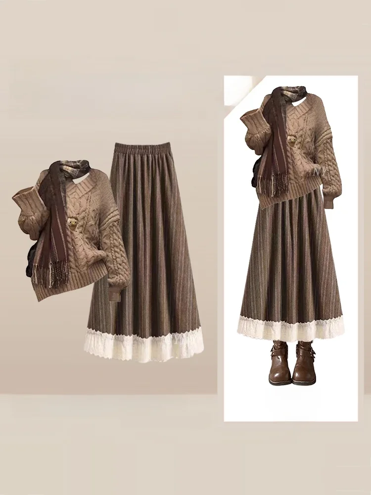 Осенне-зимний женский вязаный свитер в стиле Lazy Sle с юбкой и футболкой, комплект из двух предметов, винтажный гонконгский стиль, цвет кофе
Осенне-зимний женский вязаный свитер в стиле Lazy Sle с юбкой и футболкой, комплект из двух предметов, винтажный гонконгский стиль, цвет кофе