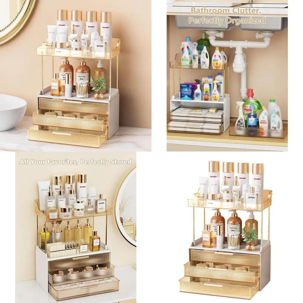 Stylish Gold Vanity Organizer for Makeup, Skincare, and Perfume Storage
Stylish Gold Vanity Organizer for Makeup, Skincare, and Perfume Storage