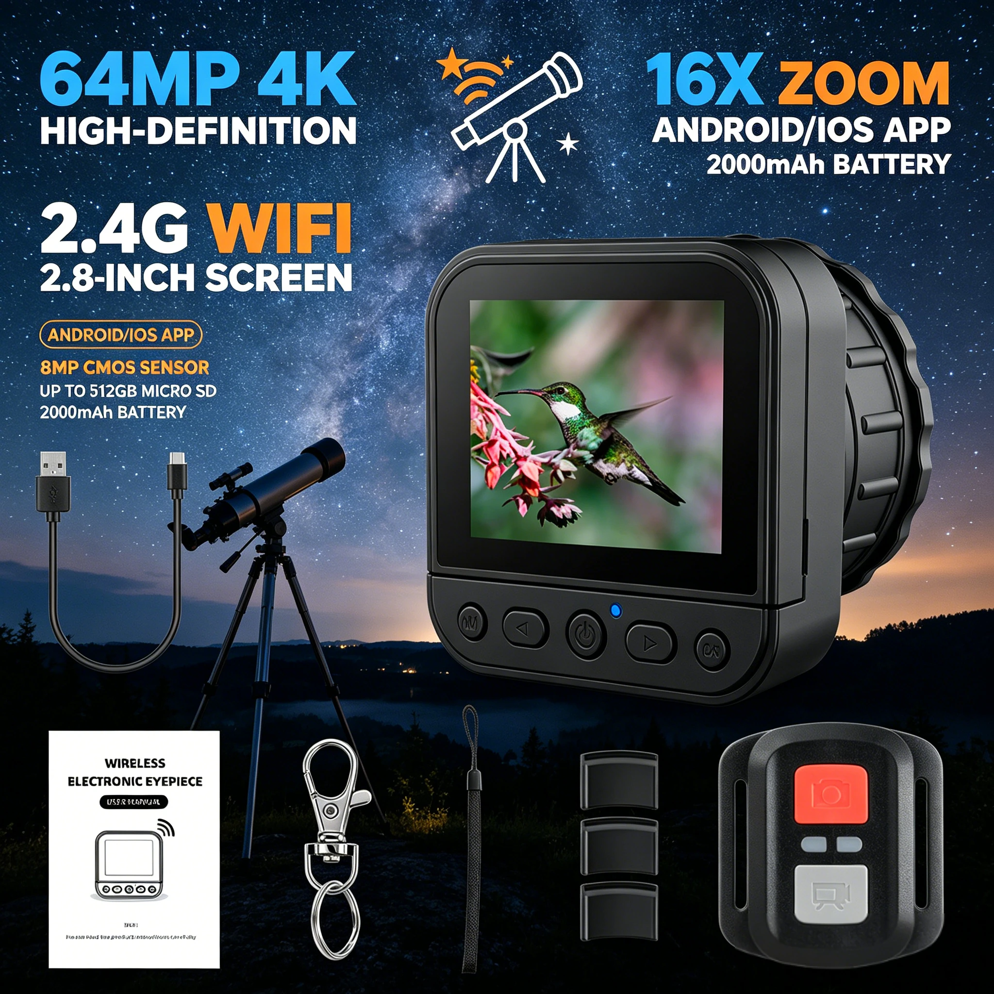 Smart WiFi Telescope Eyepiece Camera 4K Video 64MP Photo 16X Zoom 8MP CMOS Sensor Built-In 2000mAh Battery Astronomy Equipment
Smart WiFi Telescope Eyepiece Camera 4K Video 64MP Photo 16X Zoom 8MP CMOS Sensor Built-In 2000mAh Battery Astronomy Equipment