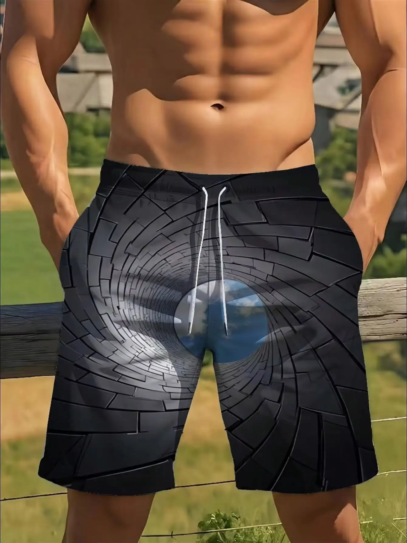Mens Quick-Dry Digital Print Beach Shorts - Abstract Geometric Tunnel Design With Accent, Drawstring Waist, Breathable Mesh, Casual Summer Swimwear
Mens Quick-Dry Digital Print Beach Shorts - Abstract Geometric Tunnel Design With Accent, Drawstring Waist, Breathable Mesh, Casual Summer Swimwear