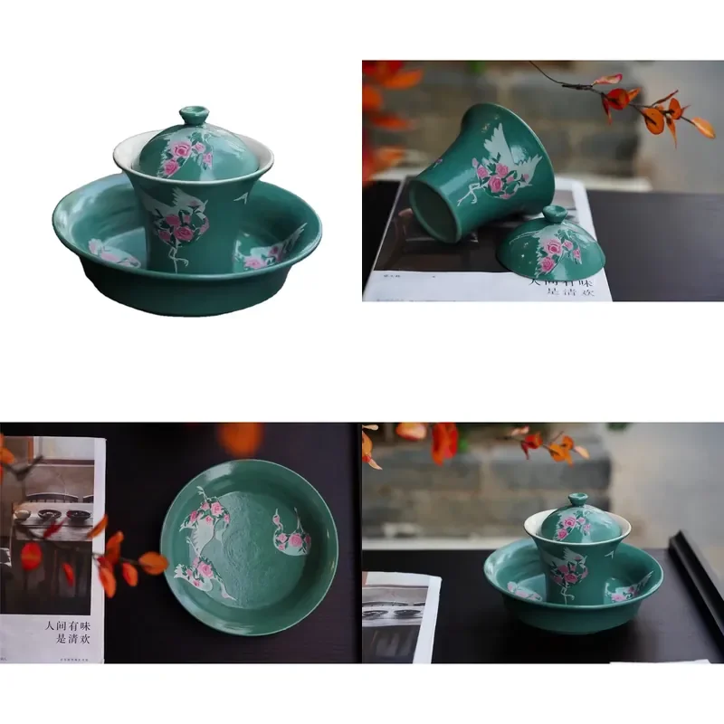 【CHIMU HOME】 Hand Painted Crane Rose Porcelain Gaiwan Set with Green Lacquer Finish 100ml Bowl and Saucer
【CHIMU HOME】 Hand Painted Crane Rose Porcelain Gaiwan Set with Green Lacquer Finish 100ml Bowl and Saucer