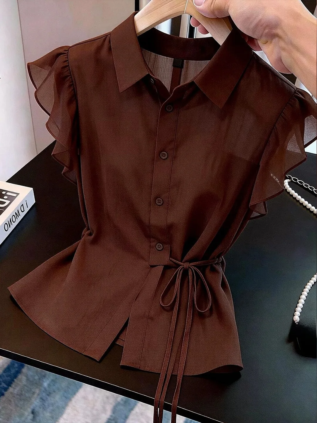 Retro Stylish Collar Shirt Korean Design Belted Waist Slimming Women's Summer Fashionable Shirt Commute Style Short Sleeve
Retro Stylish Collar Shirt Korean Design Belted Waist Slimming Women's Summer Fashionable Shirt Commute Style Short Sleeve