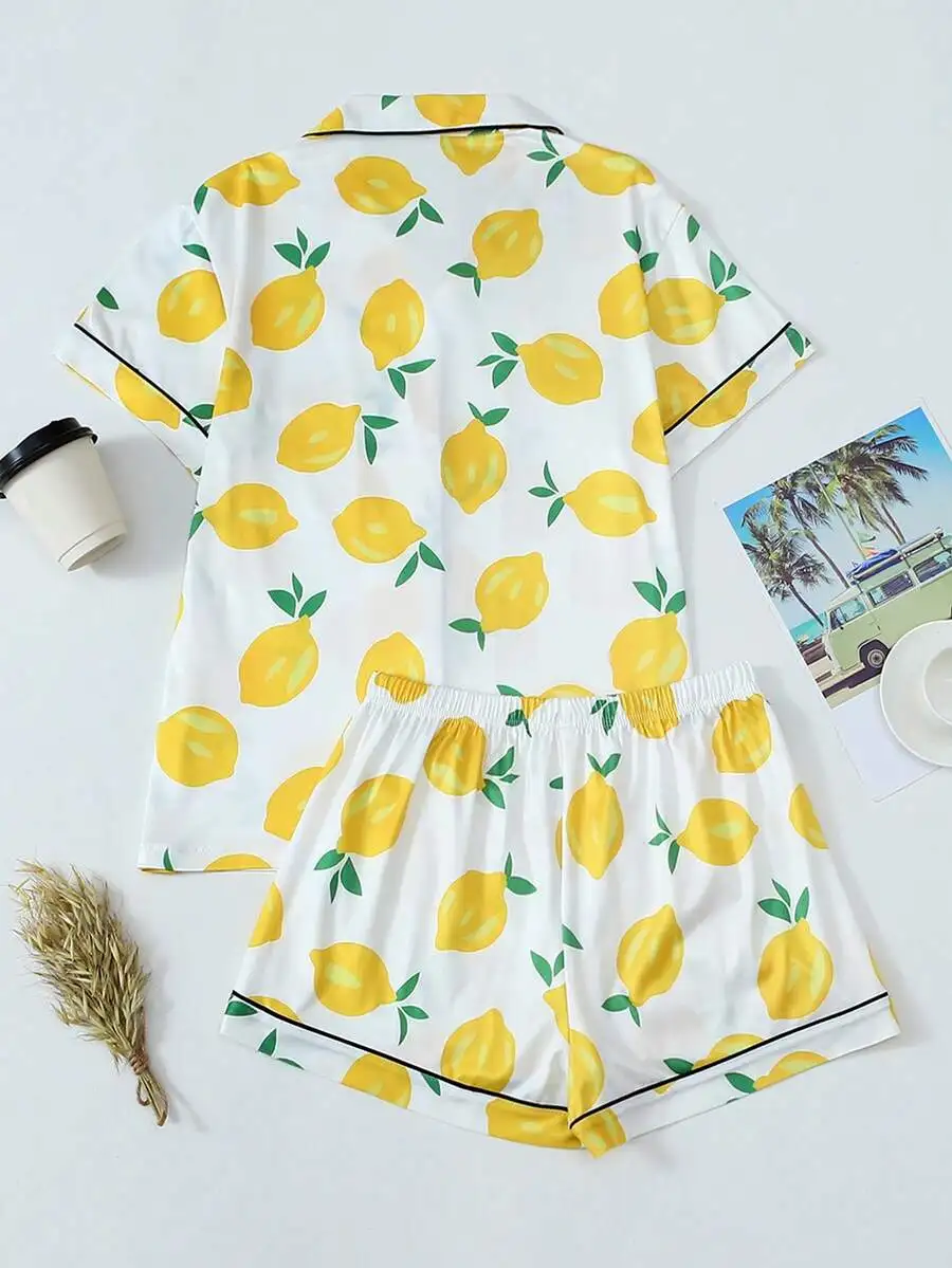 2-Piece Women Summer Pajama Set Lemon Print Short Sleeve Button Shirt And Shorts
2-Piece Women Summer Pajama Set Lemon Print Short Sleeve Button Shirt And Shorts
