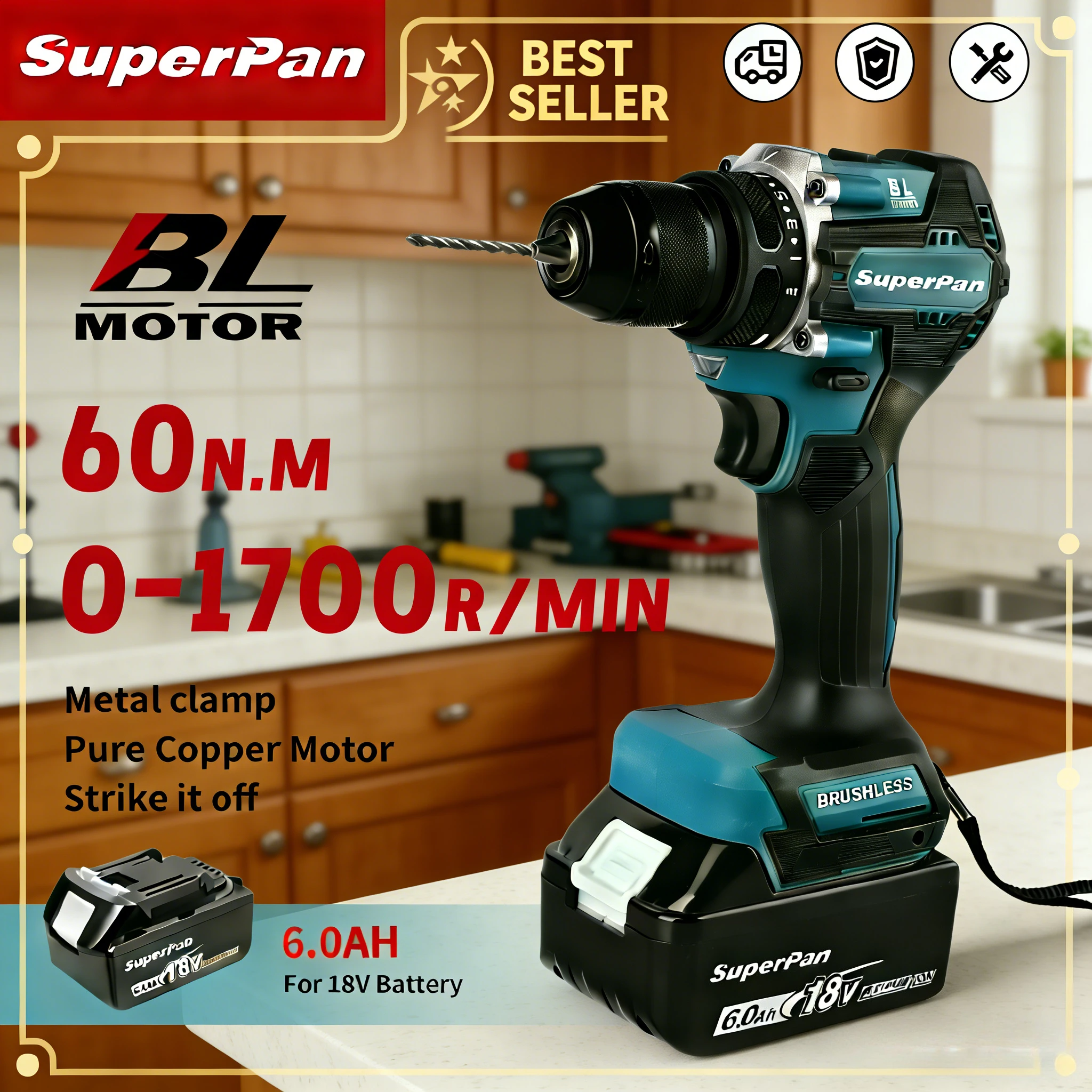 Аккумуляторная дрель SuperPan SP487, крутящий момент 60 Н·м и противоскользящая рукоятка для ремонта бытовой техники и домашнего декора, совместима с аккумулятором Makita 18В.
Аккумуляторная дрель SuperPan SP487, крутящий момент 60 Н·м и противоскользящая рукоятка для ремонта бытовой техники и домашнего декора, совместима с аккумулятором Makita 18В.